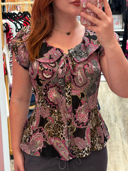 Vintage Crepe Pleated Animal Print Pink Blouse - S, M, L