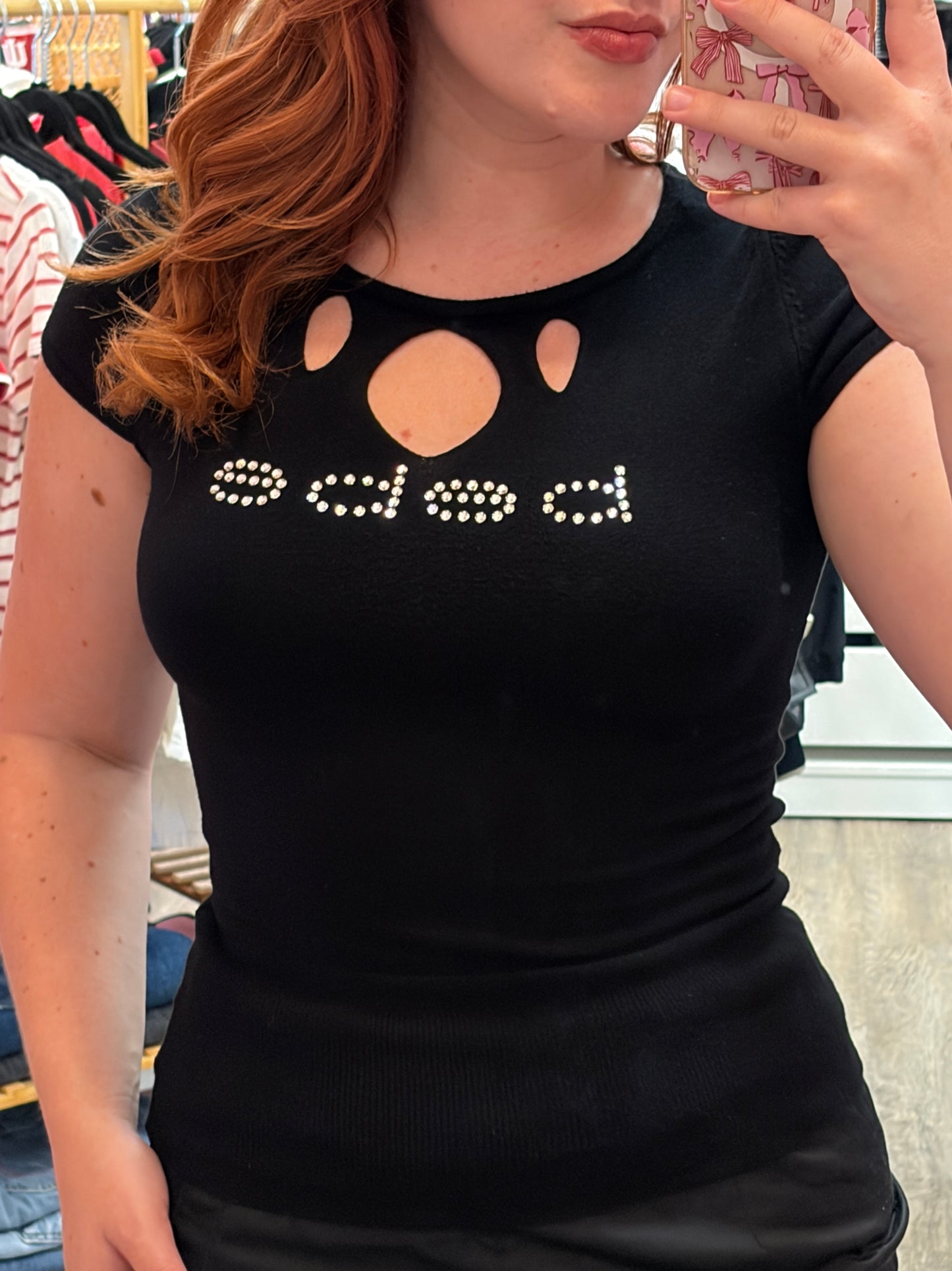 Bebe Vintage Rare Cutout Rhinestone Knit Tee
