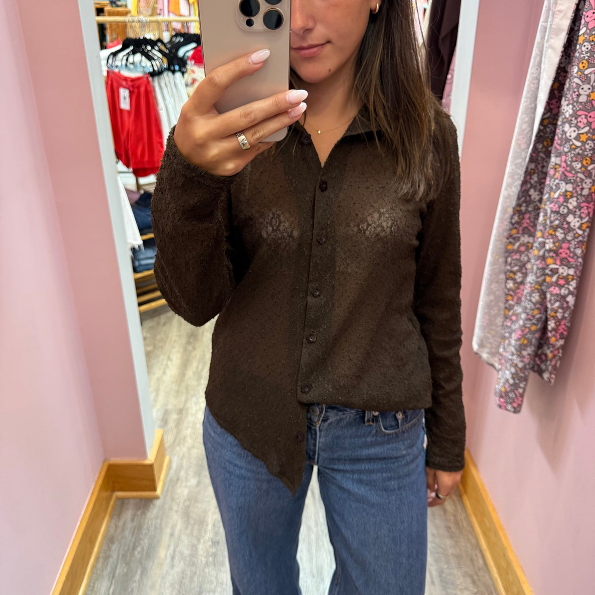 Vintage 1980s Sheer Brown Lace Blouse
