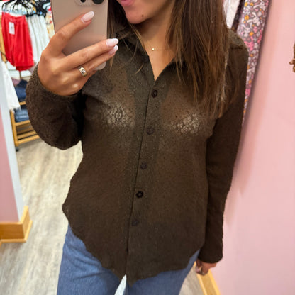 Vintage 1980s Sheer Brown Lace Blouse