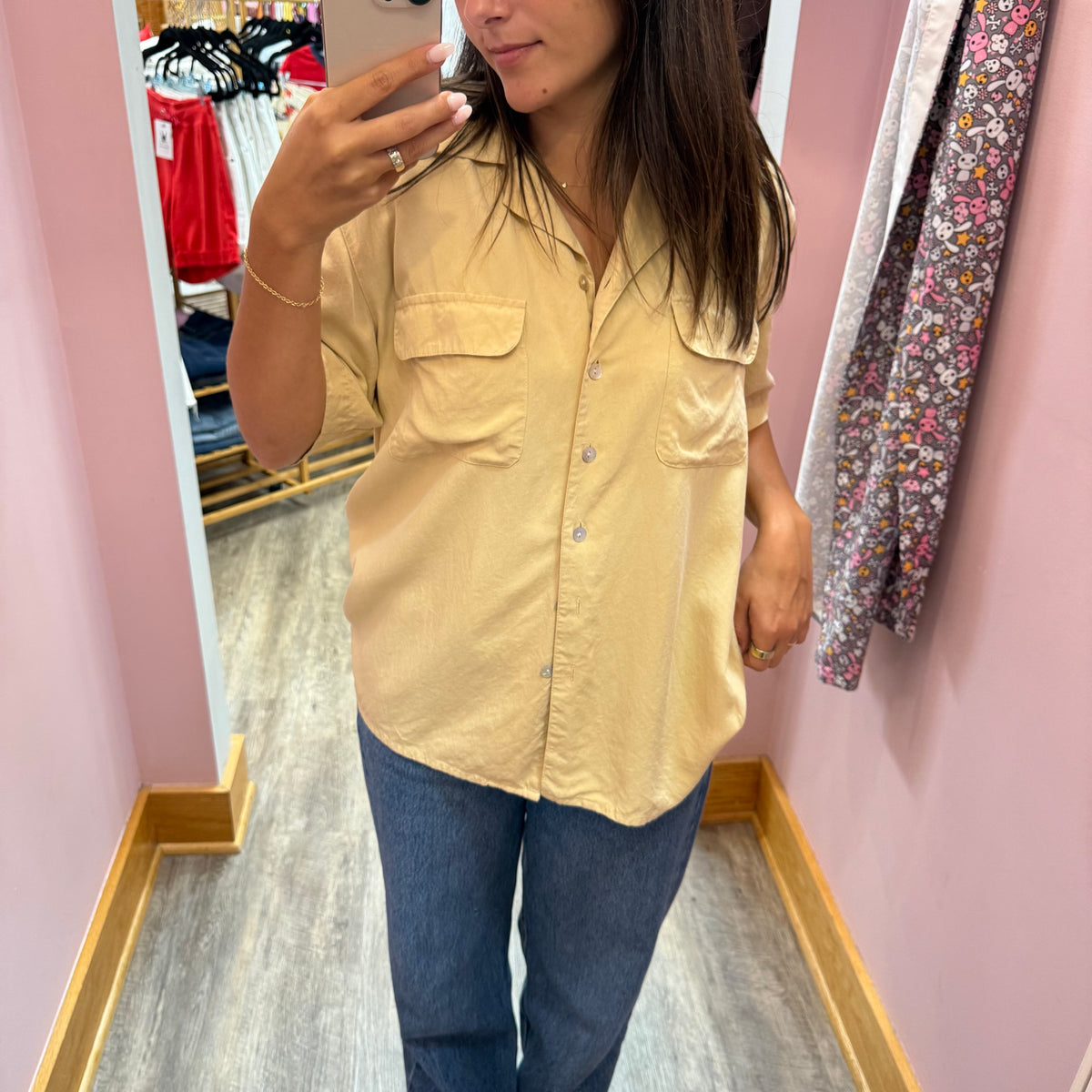 Vintage 1980s 100% Silk Beige Short Sleeve Blouse - M
