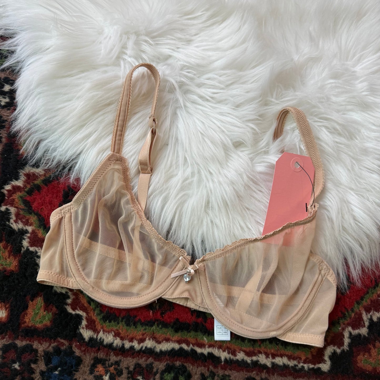 Beige Lace Rhinestone Bra - 34B