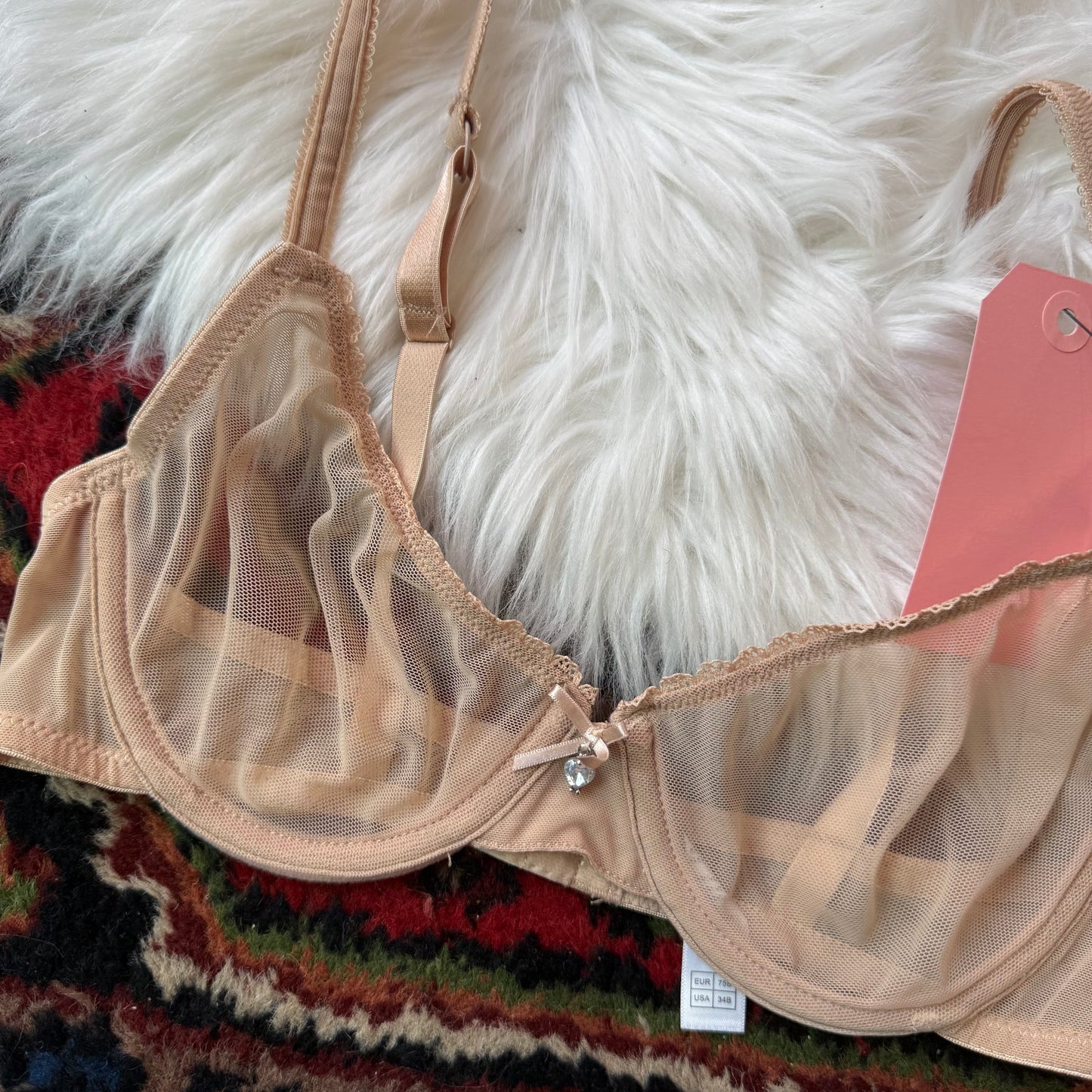Beige Lace Rhinestone Bra - 34B