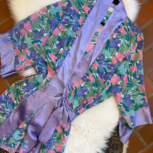 Victoria's Secret Vintage Gold Label 1980s Floral Watercolor Purple Robe - OS
