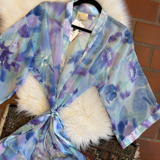 Vintage California Dynasty Watercolor Floral Semi Sheer Robe - Small