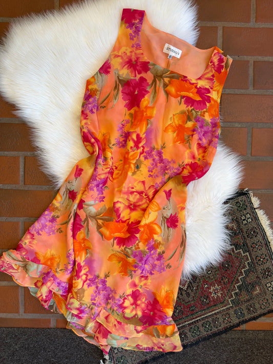 Vintage Studio 1 Orange Floral Summer Dress - Size 14/L/XL