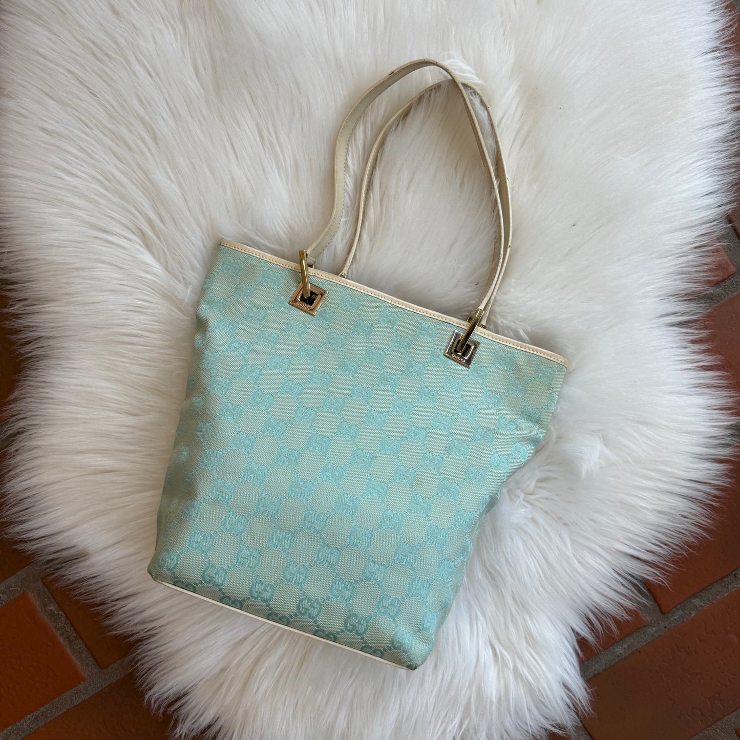 Authentic Gucci Vintage Pastel Blue Monogram Bucket Bag