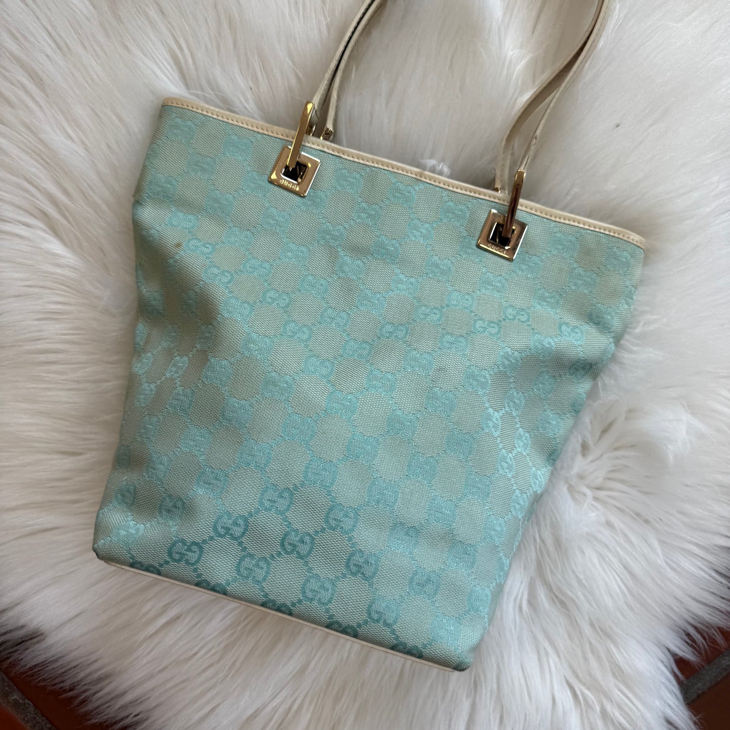 Authentic Gucci Vintage Pastel Blue Monogram Bucket Bag