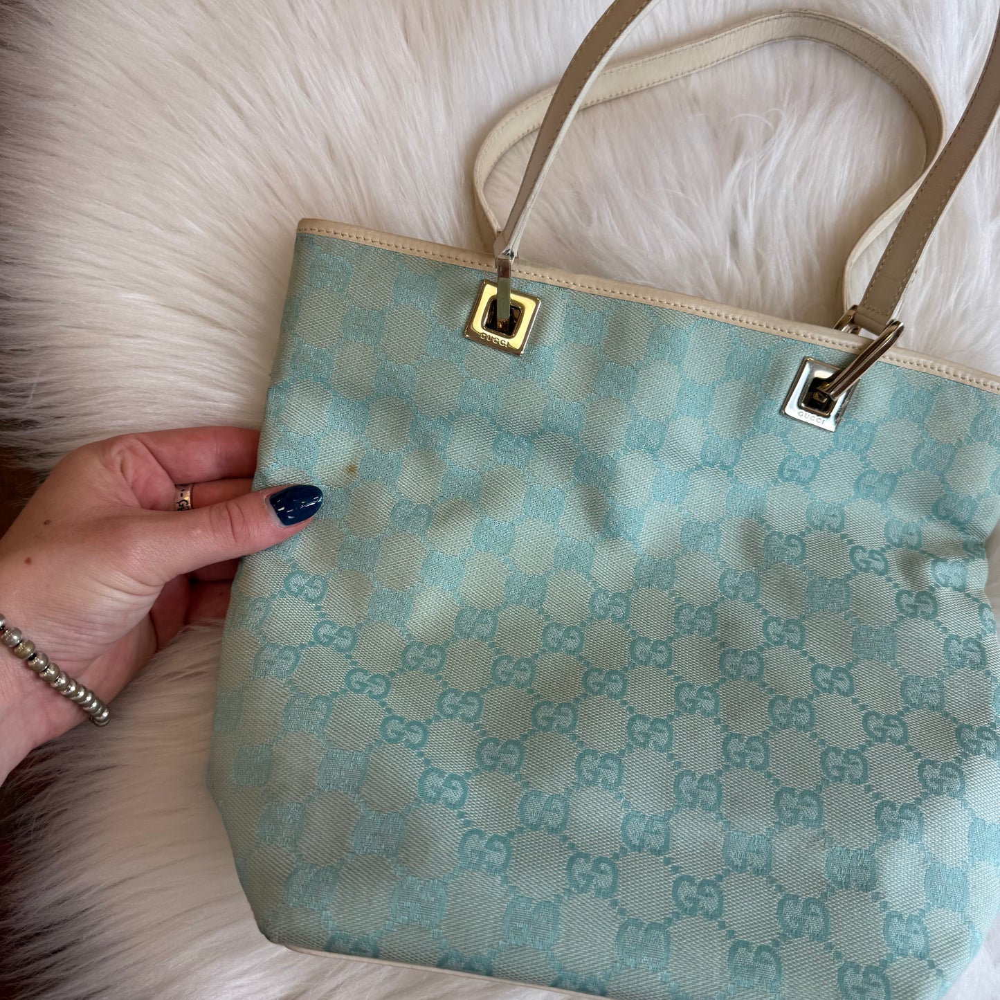 Authentic Gucci Vintage Pastel Blue Monogram Bucket Bag