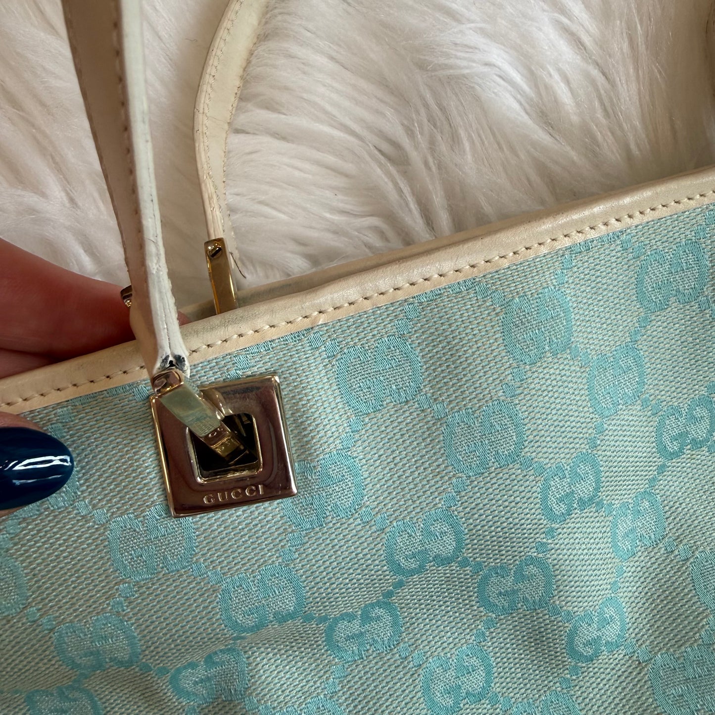 Authentic Gucci Vintage Pastel Blue Monogram Bucket Bag