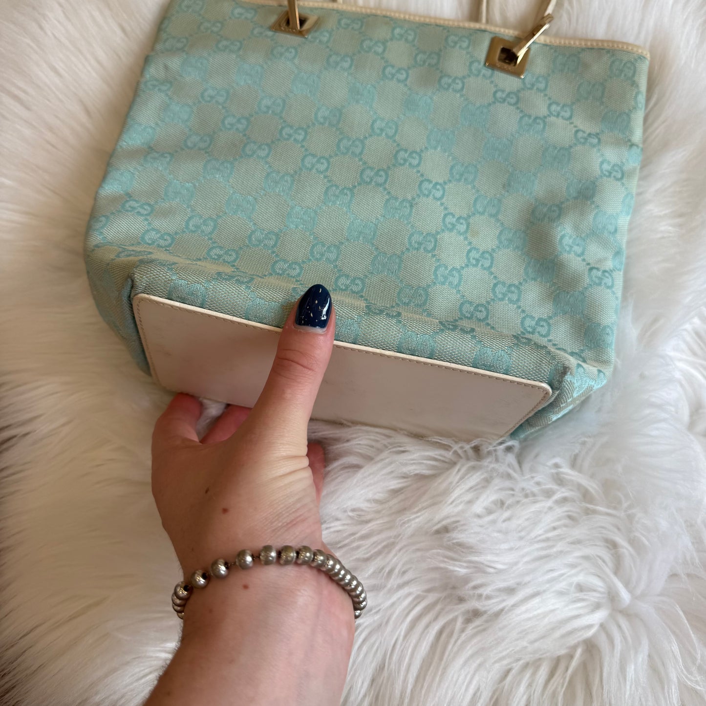 Authentic Gucci Vintage Pastel Blue Monogram Bucket Bag
