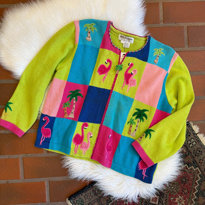 Vintage Flamingo/Palm Tree Grandma Knit Zip Sweater/Cardigan