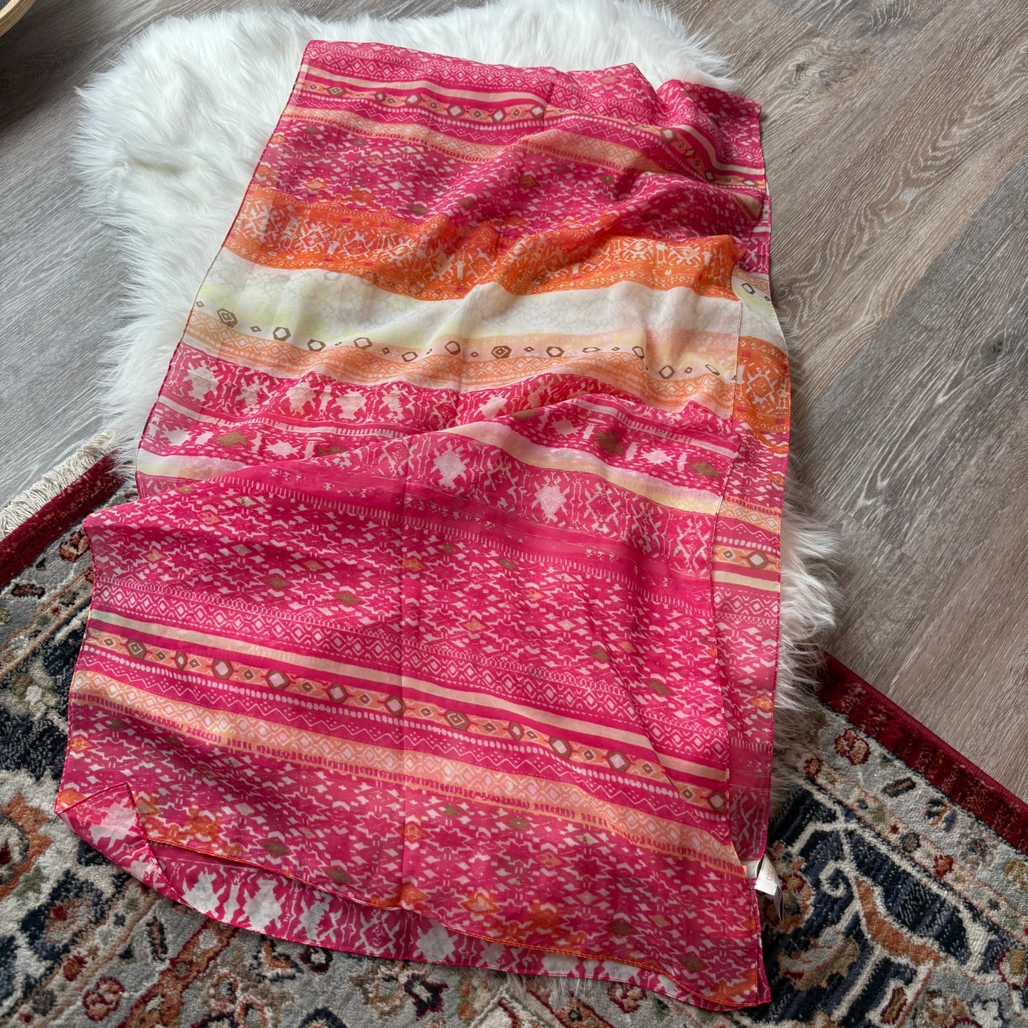 Patterned Pink & Orange Chiffon Scarf