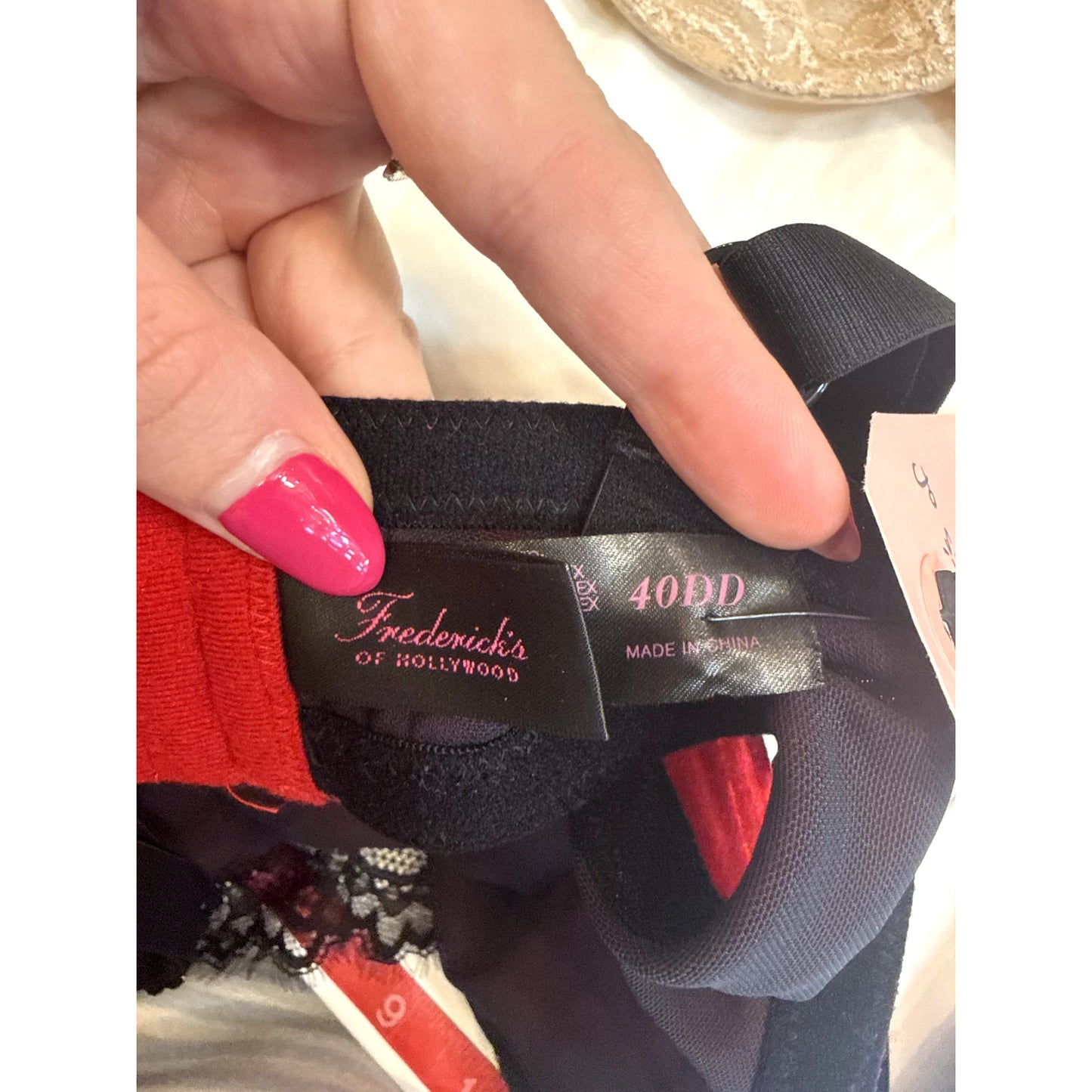 Frederick's of Hollywood Vintage Red Velvet and Black Lace Bra - 40DD