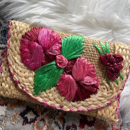 Vintage Woven Flower Clutch w/ Back Handle