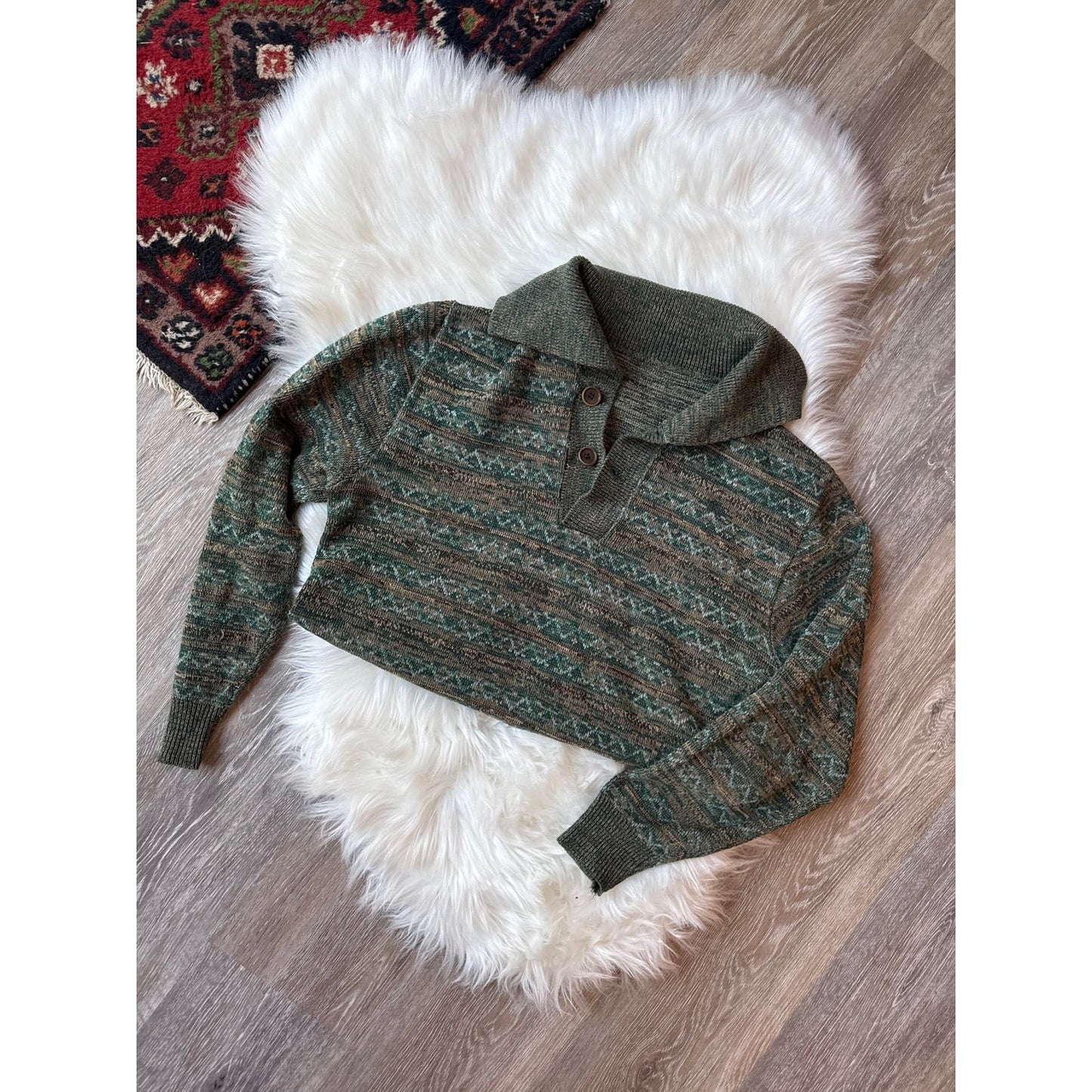 Vintage Patterned Henley Sweater - Size S
