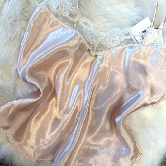 Vintage Pink Satin Babydoll Camisole, Lace Trim - Size Small