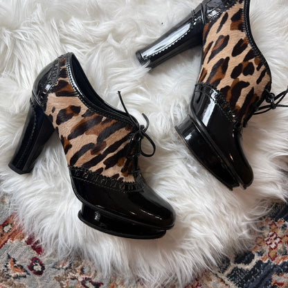 Fendi Authentic Vintage 2006 Leopard Print Pony Hair Patent Leather Heeled Boots