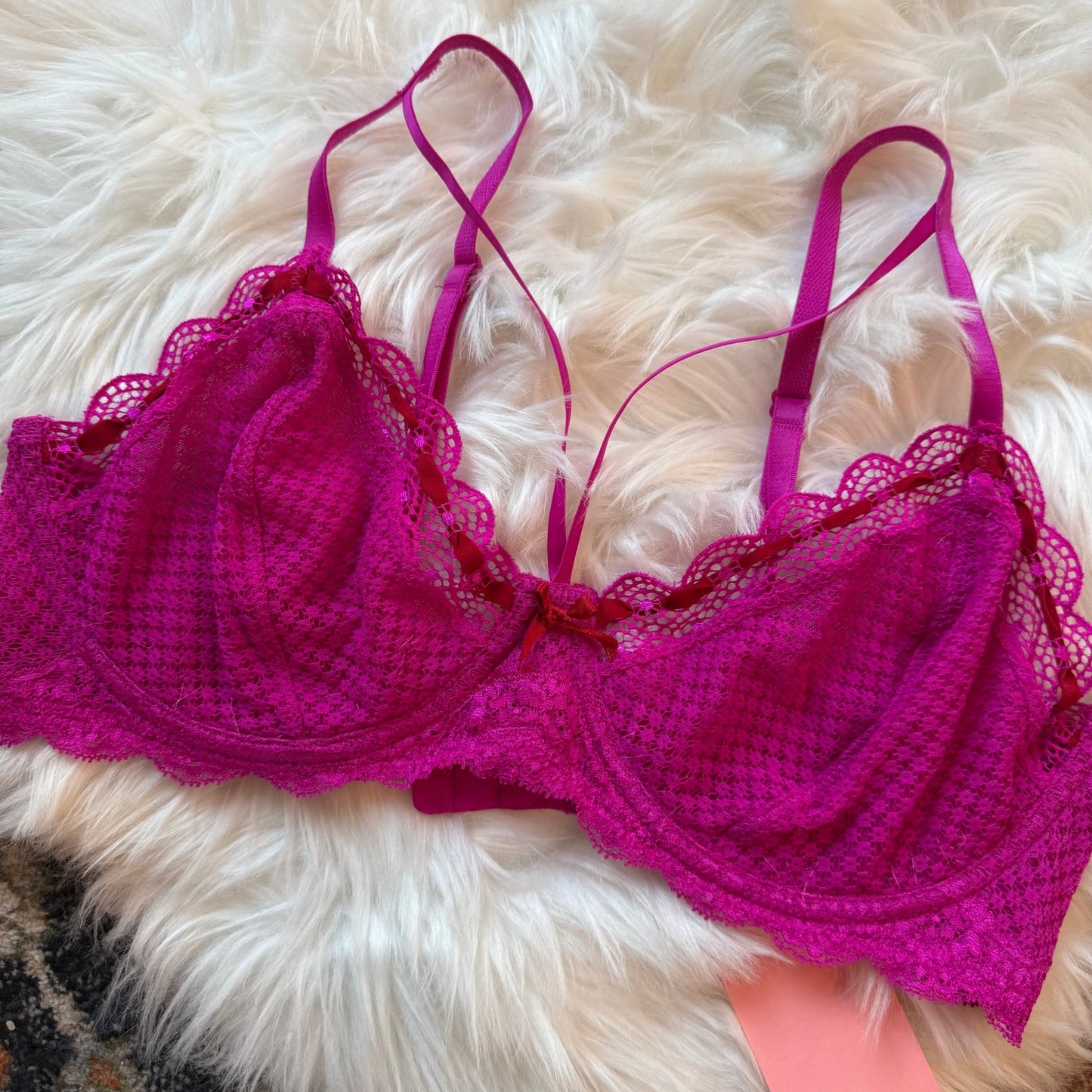 Pink Delicate Lace Strappy Bra - 36D
