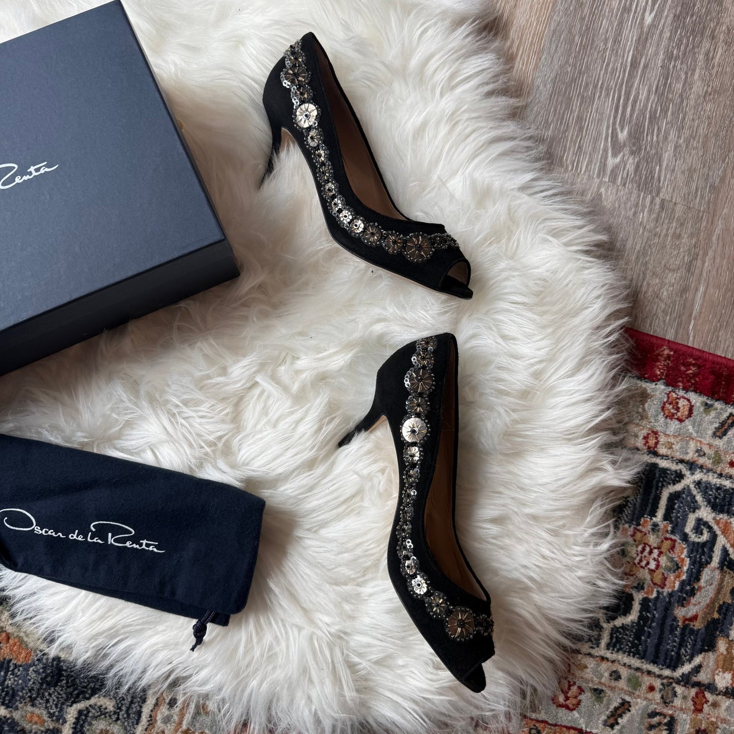 Vintage Oscar de la Renta Beaded/Suede Kitten Heels