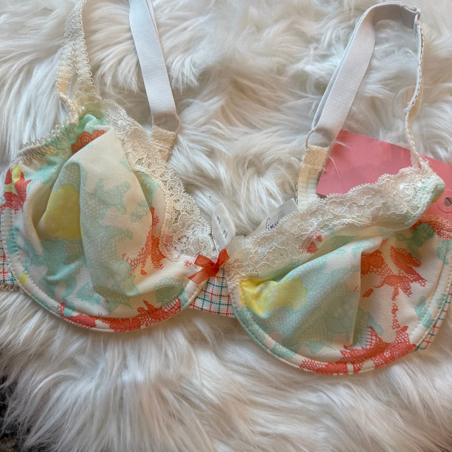 "Whimsy" Watercolor Floral Lace Plaid Bra - 34D