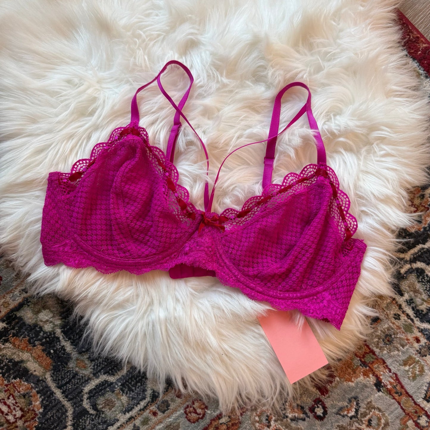 Pink Delicate Lace Strappy Bra - 36D